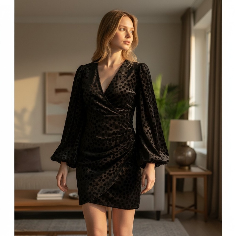 Maje Black Velvet Polka Dot Ruched Mini Dress V-Neck Balloon Sleeve MFPRO00618